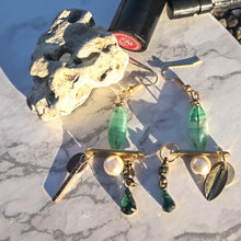 Load image into Gallery viewer, Trio  earrings - mint, turquoise, gold coloured and pearl details with lipstick and perfume details