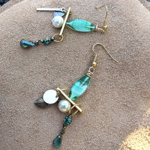 Load image into Gallery viewer, Trio  earrings - mint, turquoise, gold coloured and pearl details