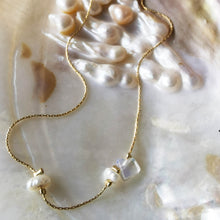 Load image into Gallery viewer, Asymmetric gold filled opal necklace on pearl shell
