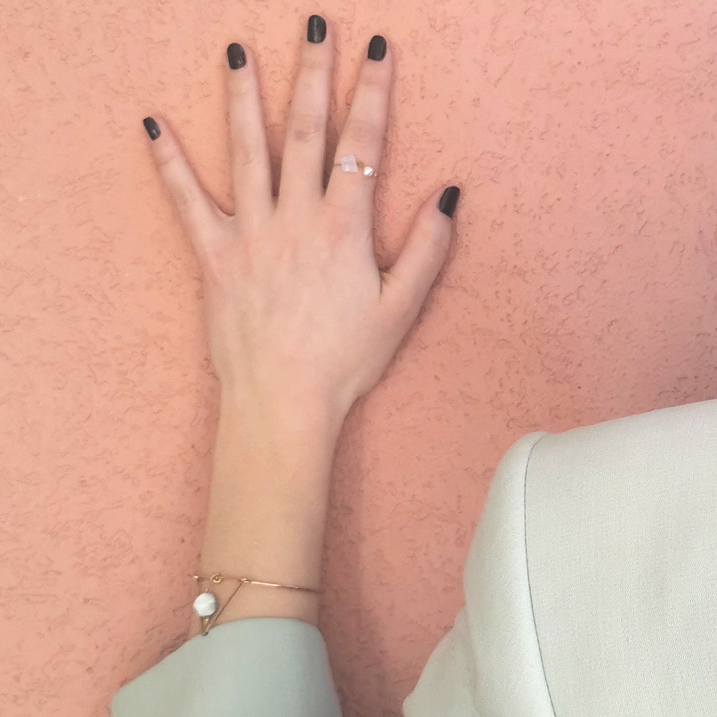 Barely there Opal and Freshwater ring worn on