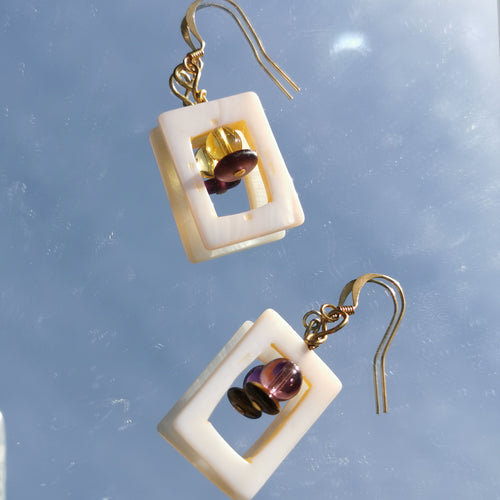 Shell a, yellow and purple bead earrings