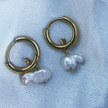Load image into Gallery viewer, Freshwater pearl cloud shaped earring on small creole ring on silk