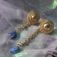 Load image into Gallery viewer, Textured stud with cable chain dangle and blue and see-through beads shimmer background