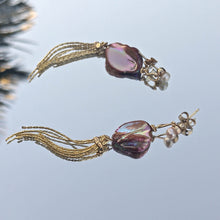 Load image into Gallery viewer, Orange keshi shells light interplay details. Tassle and freshwater pearls details