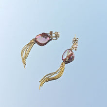 Load image into Gallery viewer, Tassle earrings with orange shell and freshwater bead reflected in sky