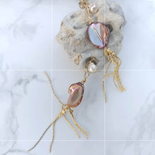 Load image into Gallery viewer, Freshwater pearl studs with orange keshi and gold chain tassles