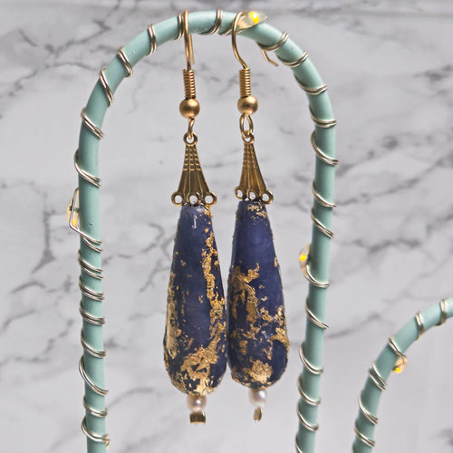 Gold foil freshwater pearl and  dark blue Jade earrings 