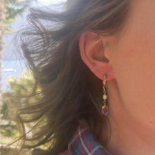 Load image into Gallery viewer, Mixmatch and asymmetric amethyst freshwater pearl earrings as worn on details