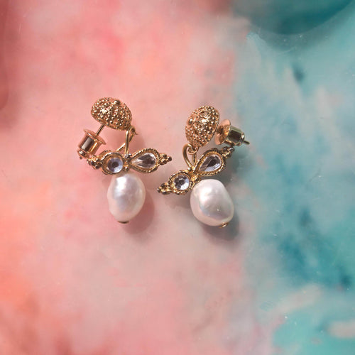 Queen Bee earrings- gold coloured textured studs with freshwater pearl dangle 
