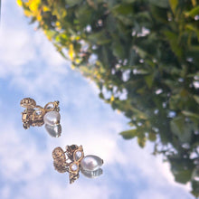 Load image into Gallery viewer, Queen Bee earrings- gold coloured textured studs with freshwater pearl dangle