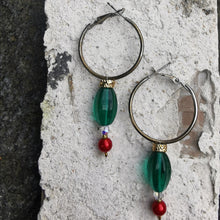 Load image into Gallery viewer, 3cm hoops with green beads, gold detail, Swarowski crystal and boheme red pearl