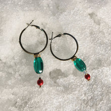 Load image into Gallery viewer, 3cm hoops with green beads, gold detail, Swarowski crystal and boheme red pearl pictured in the snow