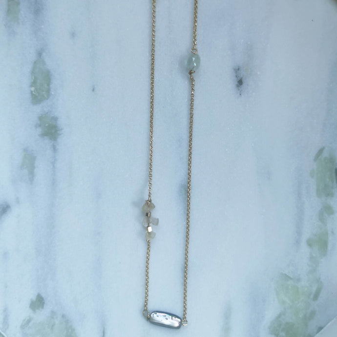 Paua, quartz citrine and aquamarine necklace