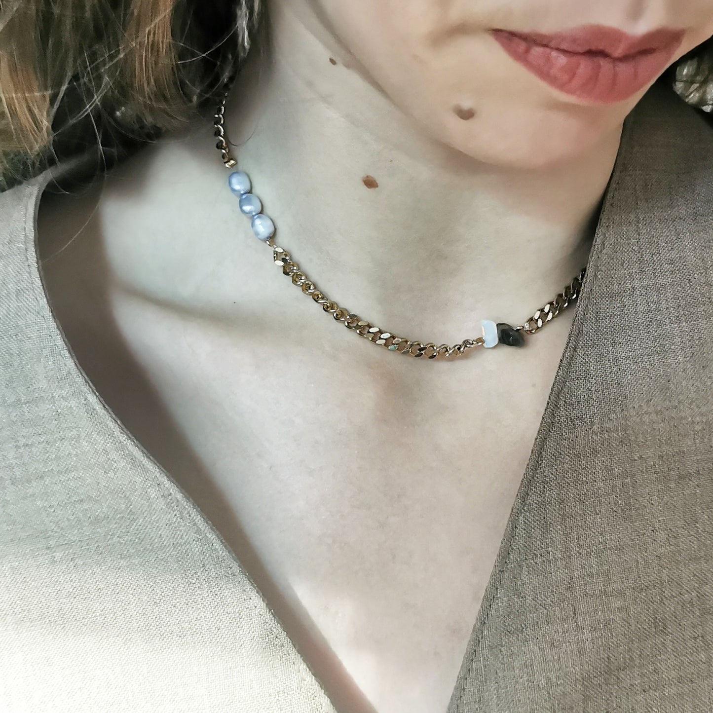 Freshwater, Agate and opal chunky necklace worn on