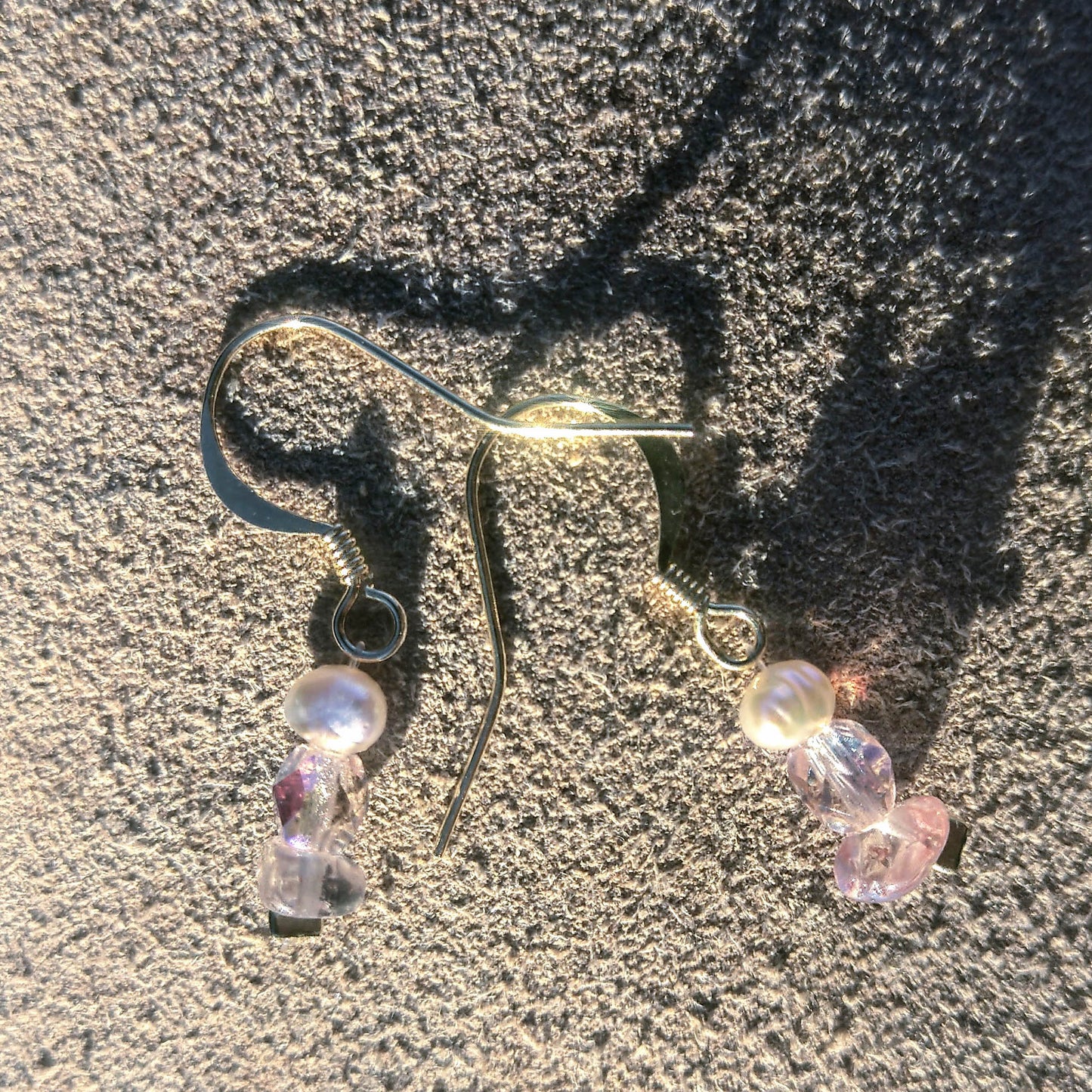 Gold plated earrings freshwater pearls, crystal and rose quartz
