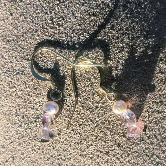 Gold plated earrings freshwater pearls, crystal and rose quartz