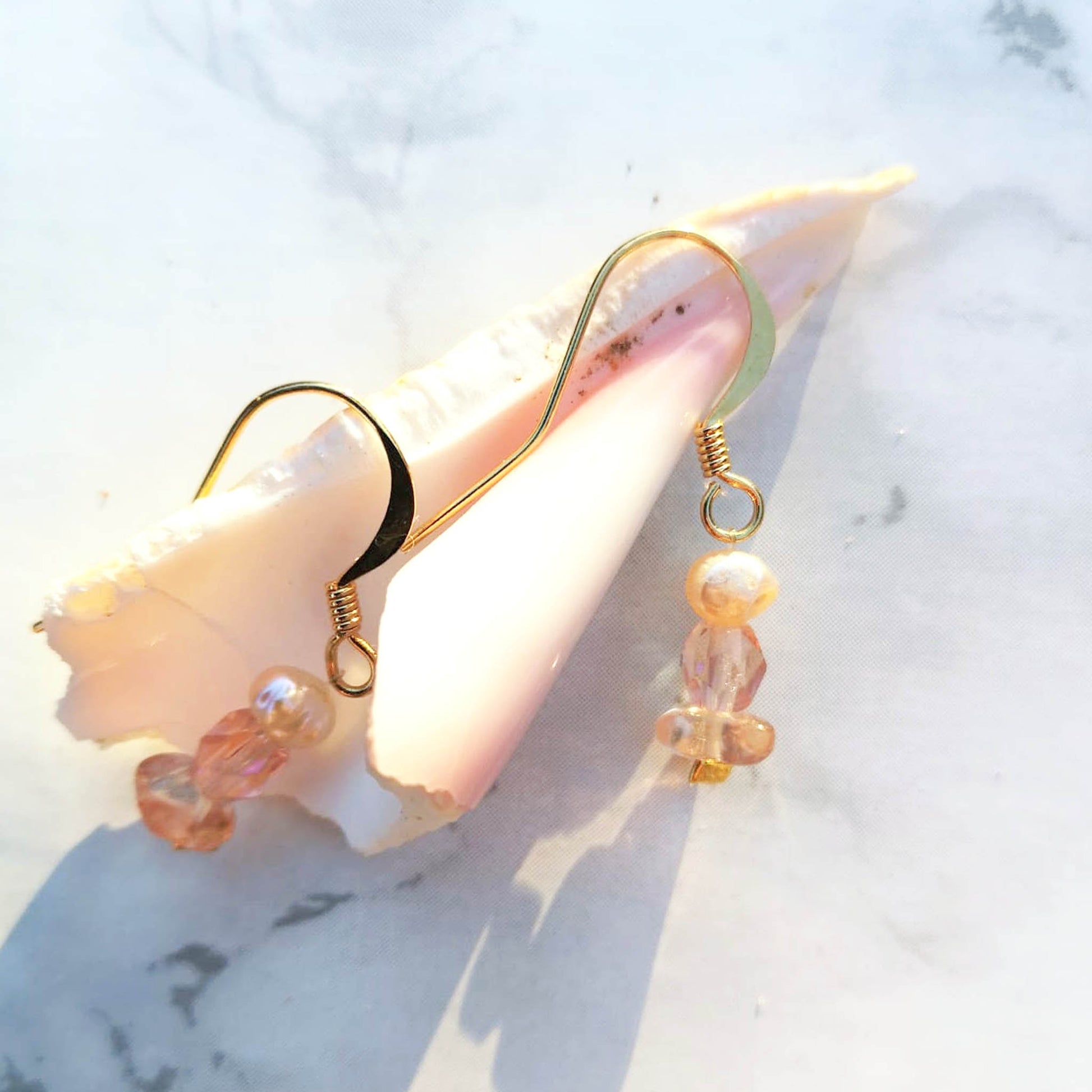 Gold plated small pendant earrings with pink stones and freshwater pearls - Blossom earrings