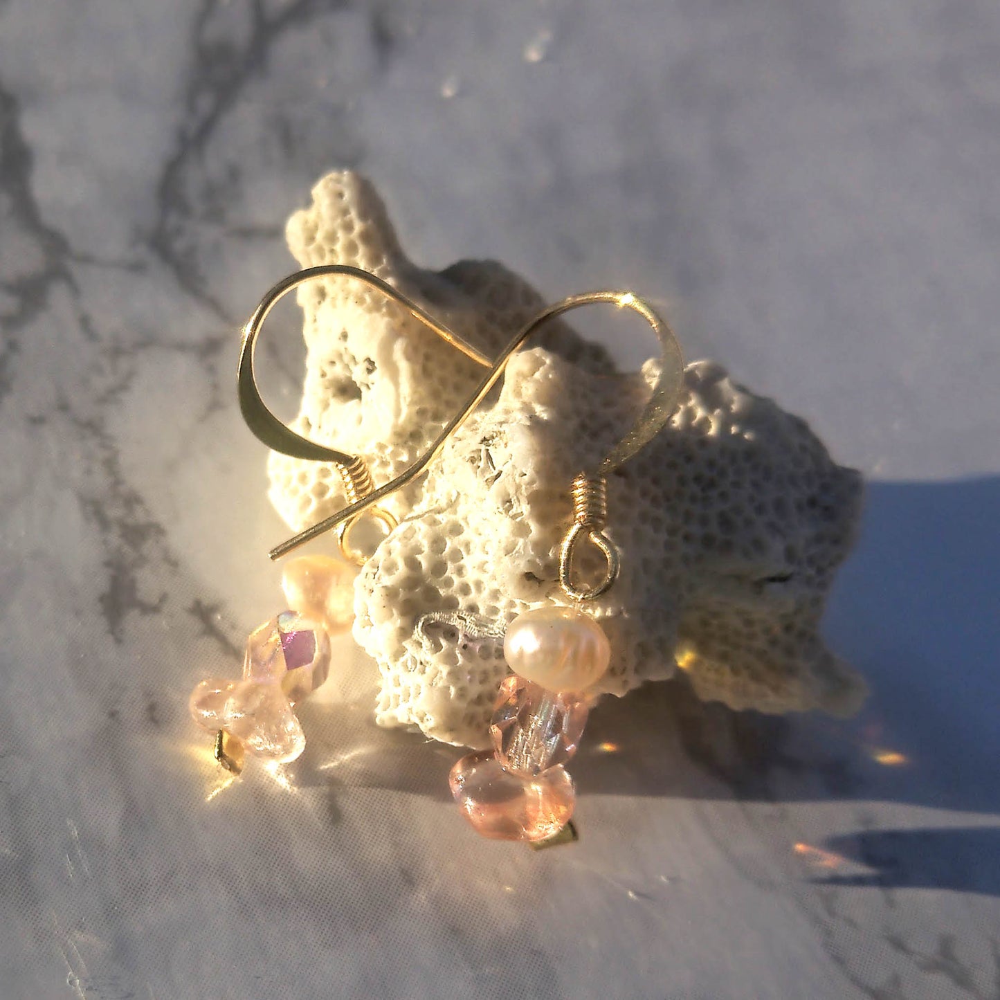 Blossom earrings- gold plated, freshwater pearls, swarowski and rose quartz