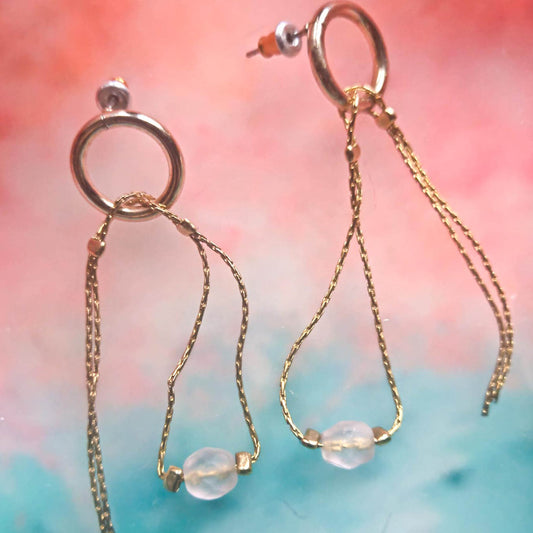 Stud earrings with pendant chains and pink beads Camifolla background