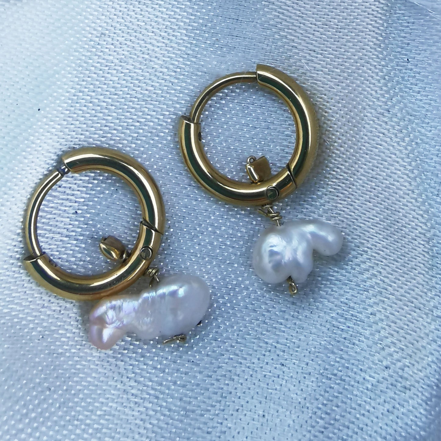 Freshwater pearl cloud shaped earring on small creole ring on silk 