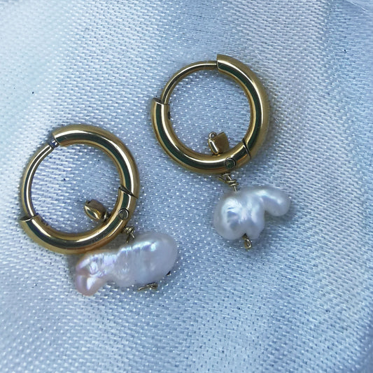 Freshwater pearl cloud shaped earring on small creole ring on silk 