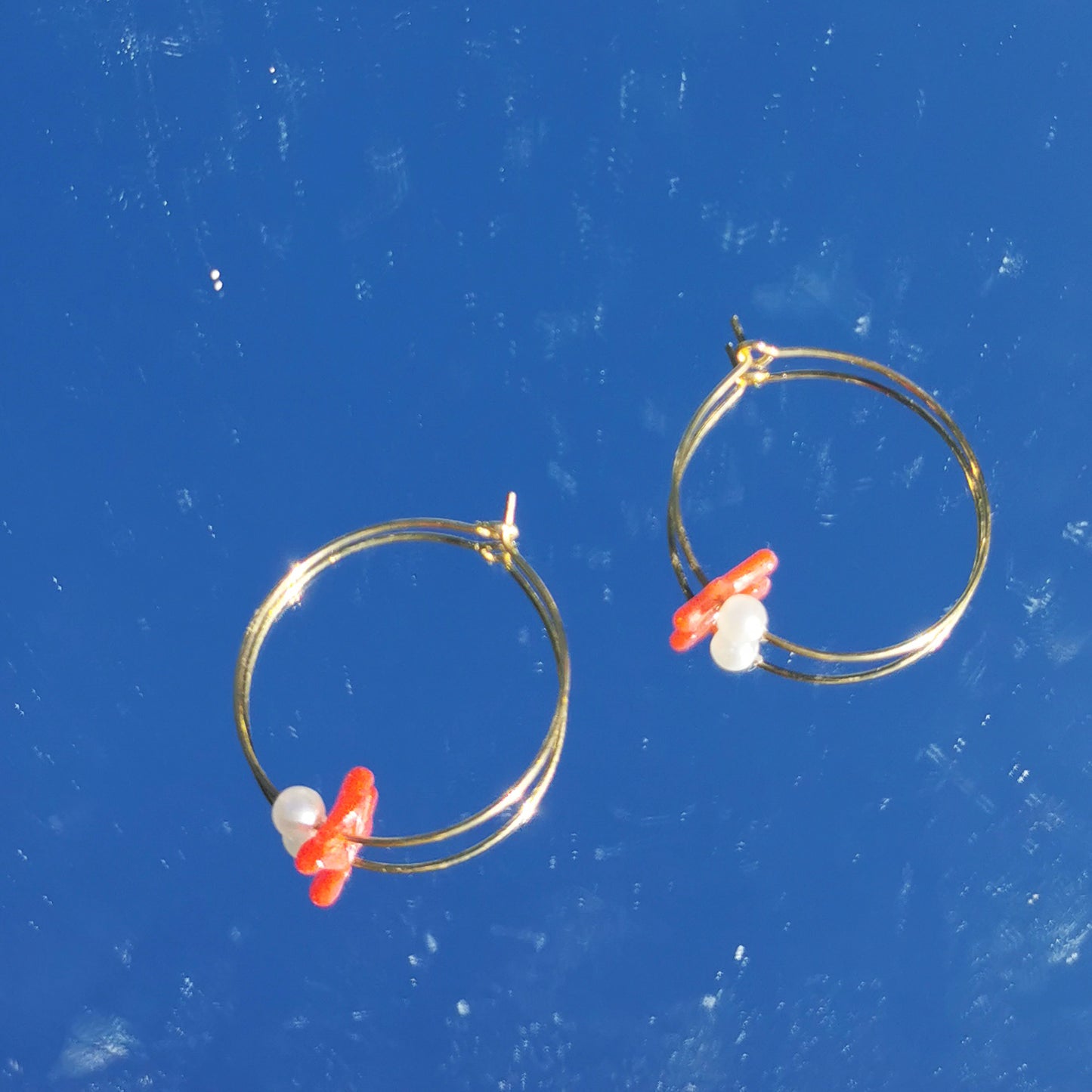 Coral and pearl hoops 3cm diameter