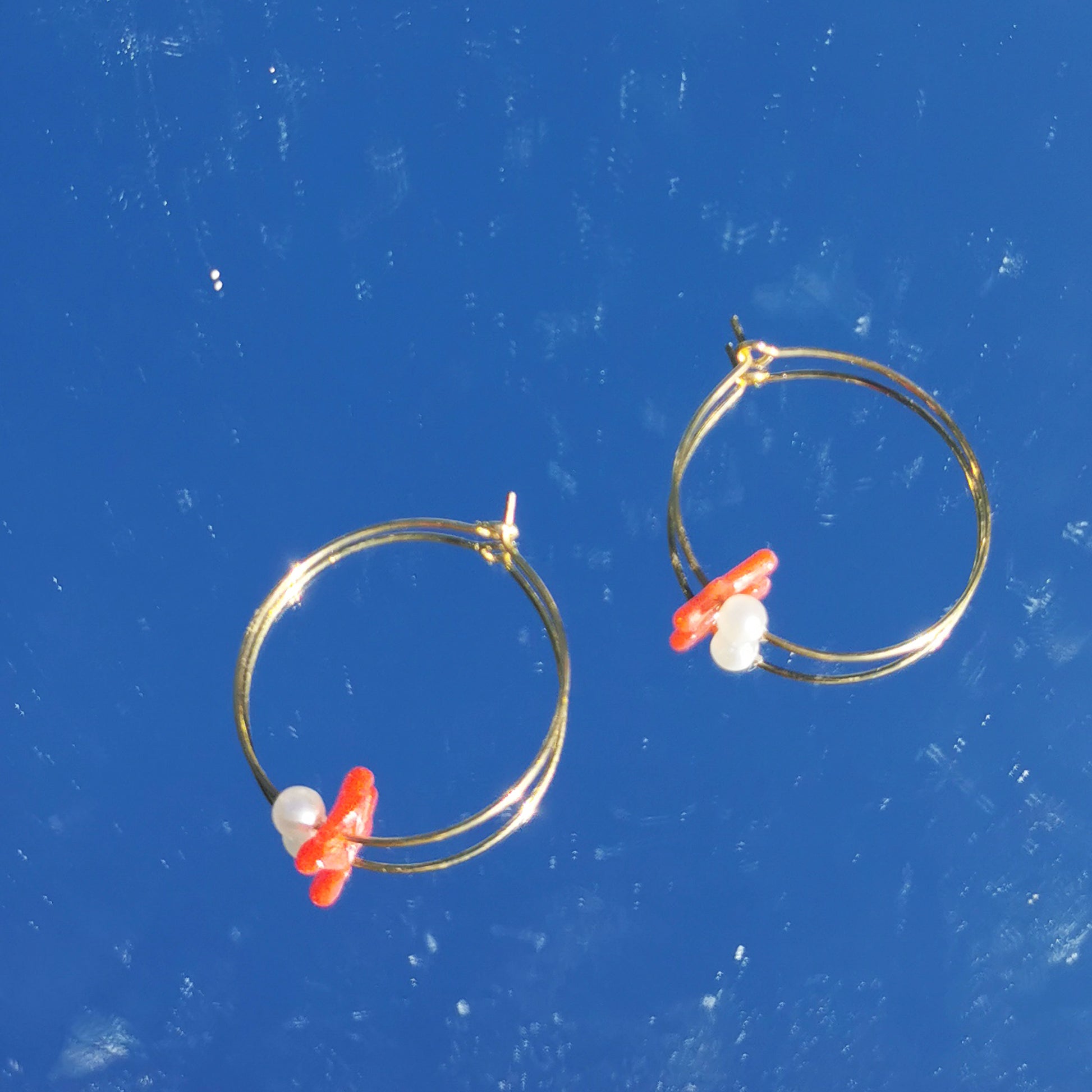 Coral and pearl hoops 3cm diameter