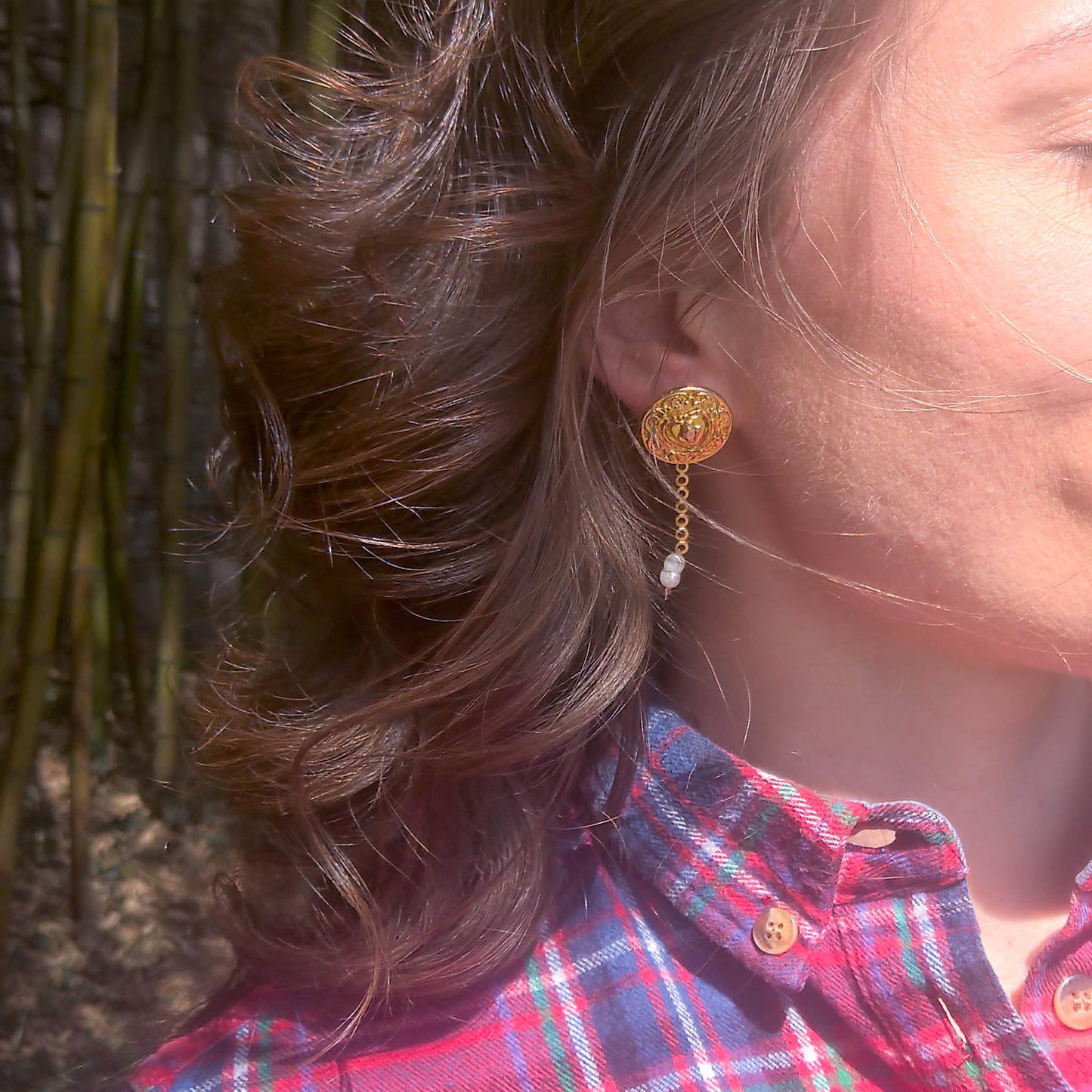 Donatella earrings- textured stud earrings with dainty freshwater pearl detail as worn on 