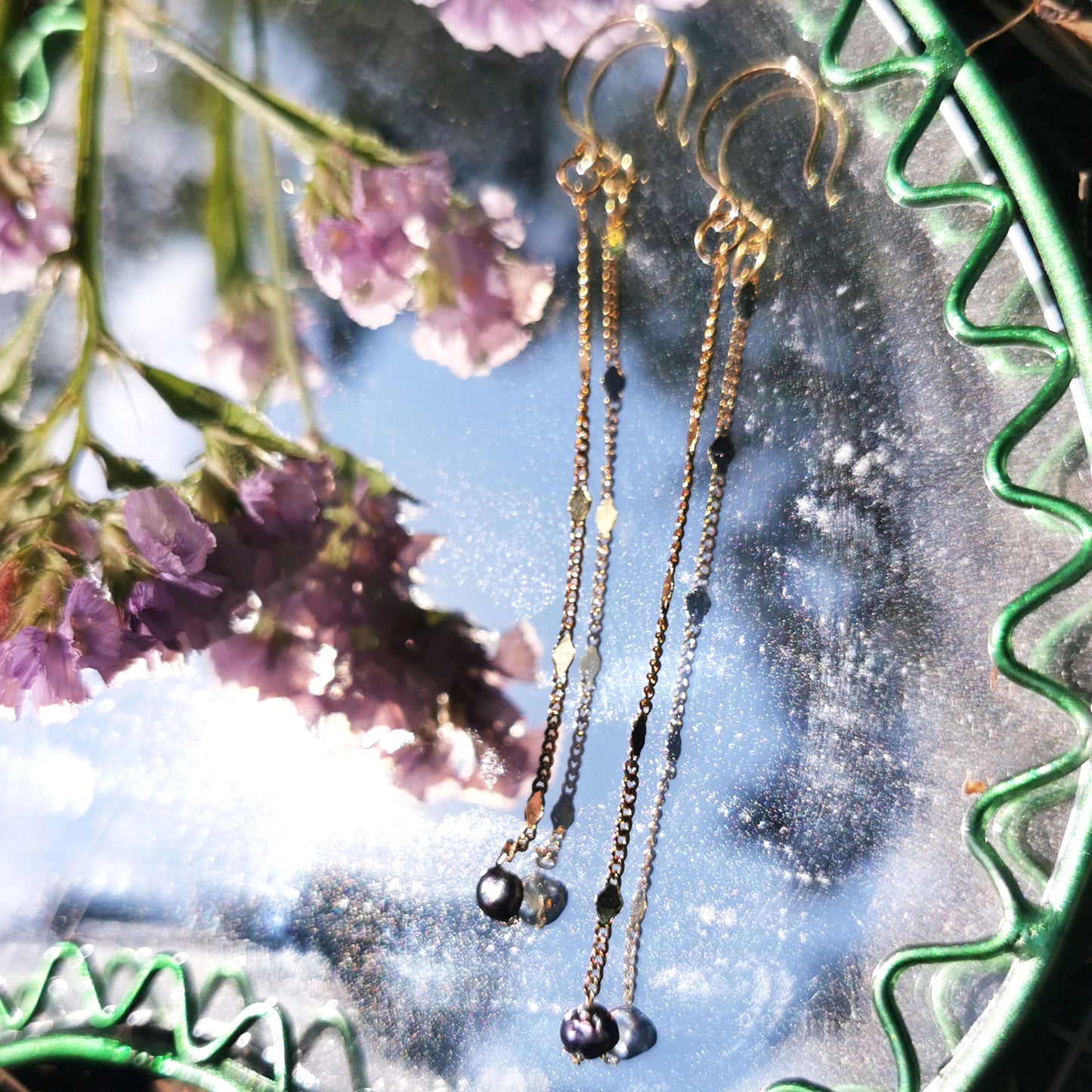 Arty shot of freshwater dangle earrings