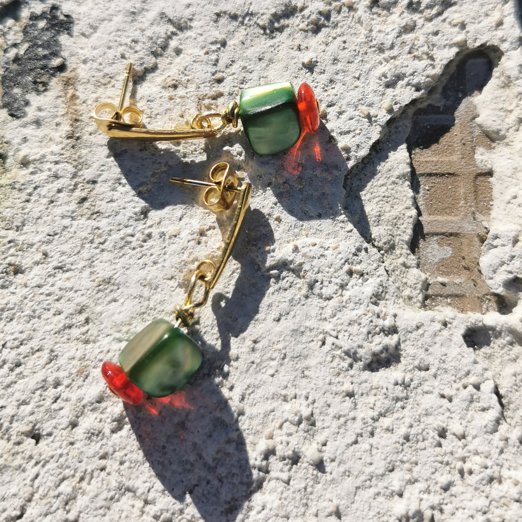 Green shell and red bead earrings