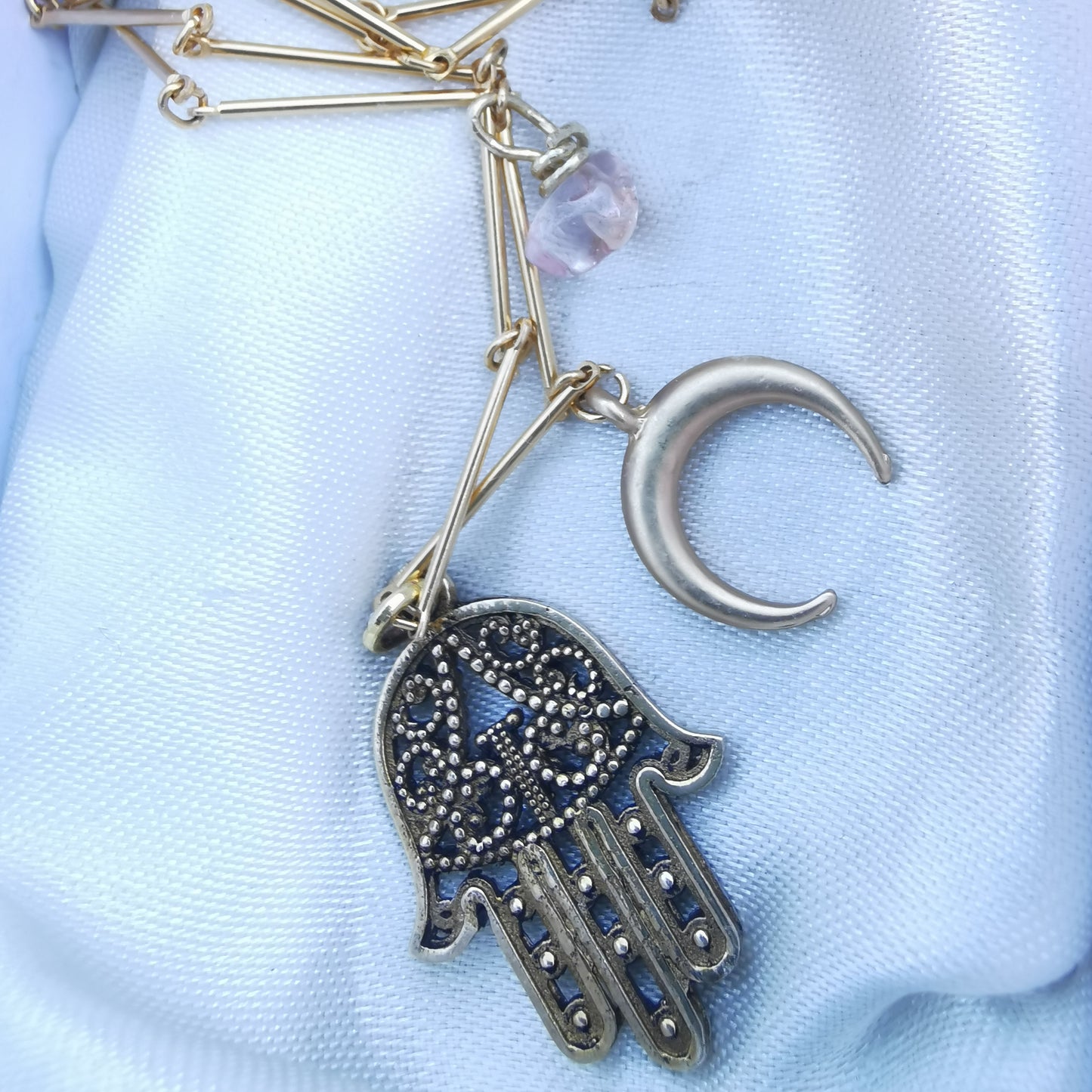 Fatima half moon rose quartz necklace