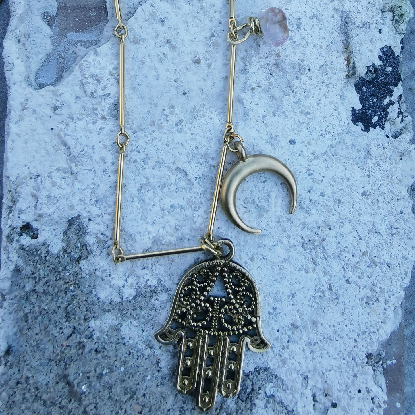 Fatima half moon rose quartz necklace 