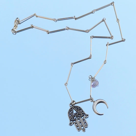 Fatima half moon rose quartz necklace