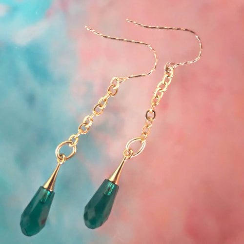 Green eyes earrings- green Swarowski teardrop crystal on cable chain and twisted gold plated hooks