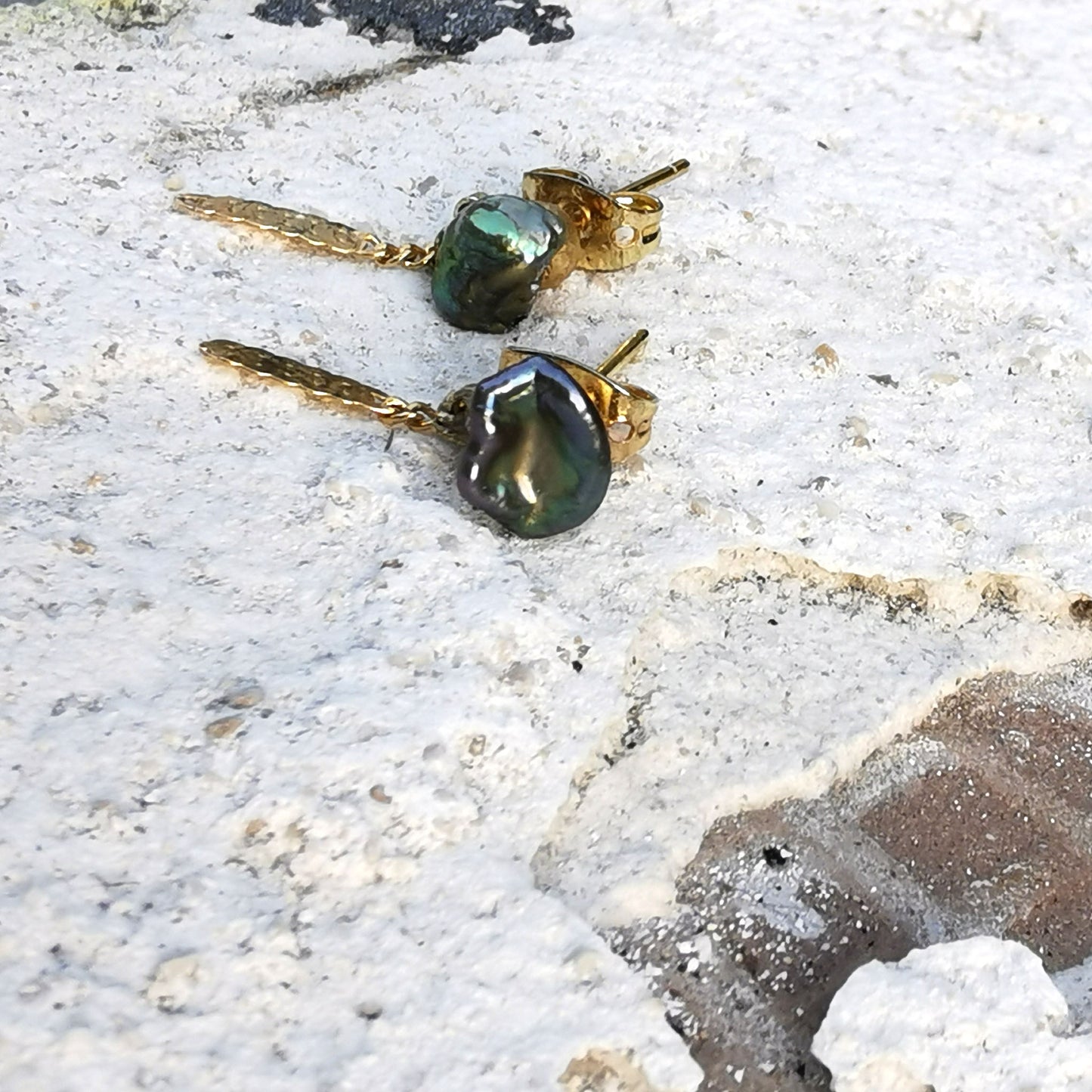 Green Pistachio earrings with small chain dangle