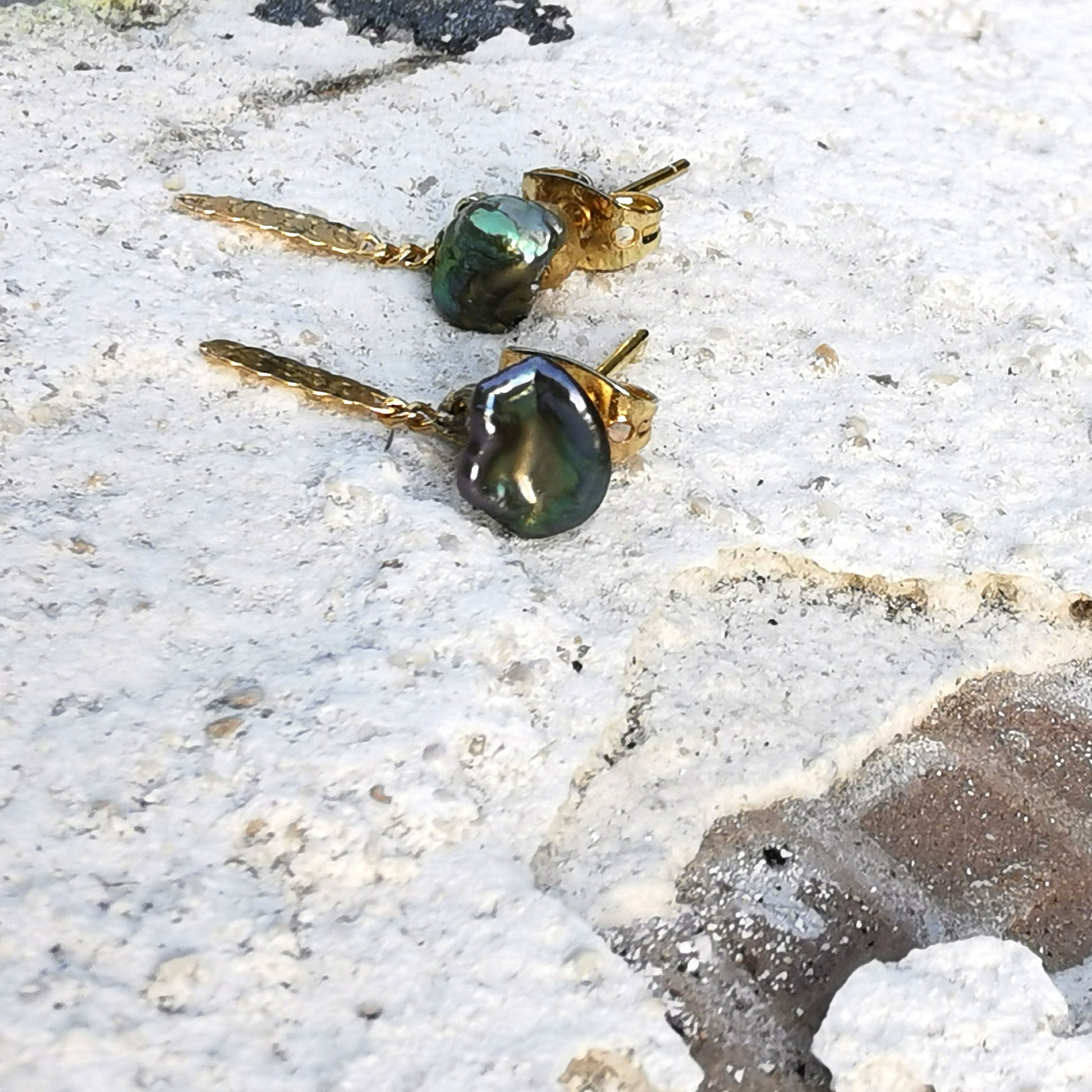 Green Pistachio earrings with small chain dangle