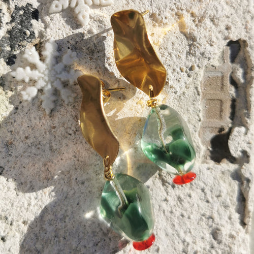 Green and red large glass earrings