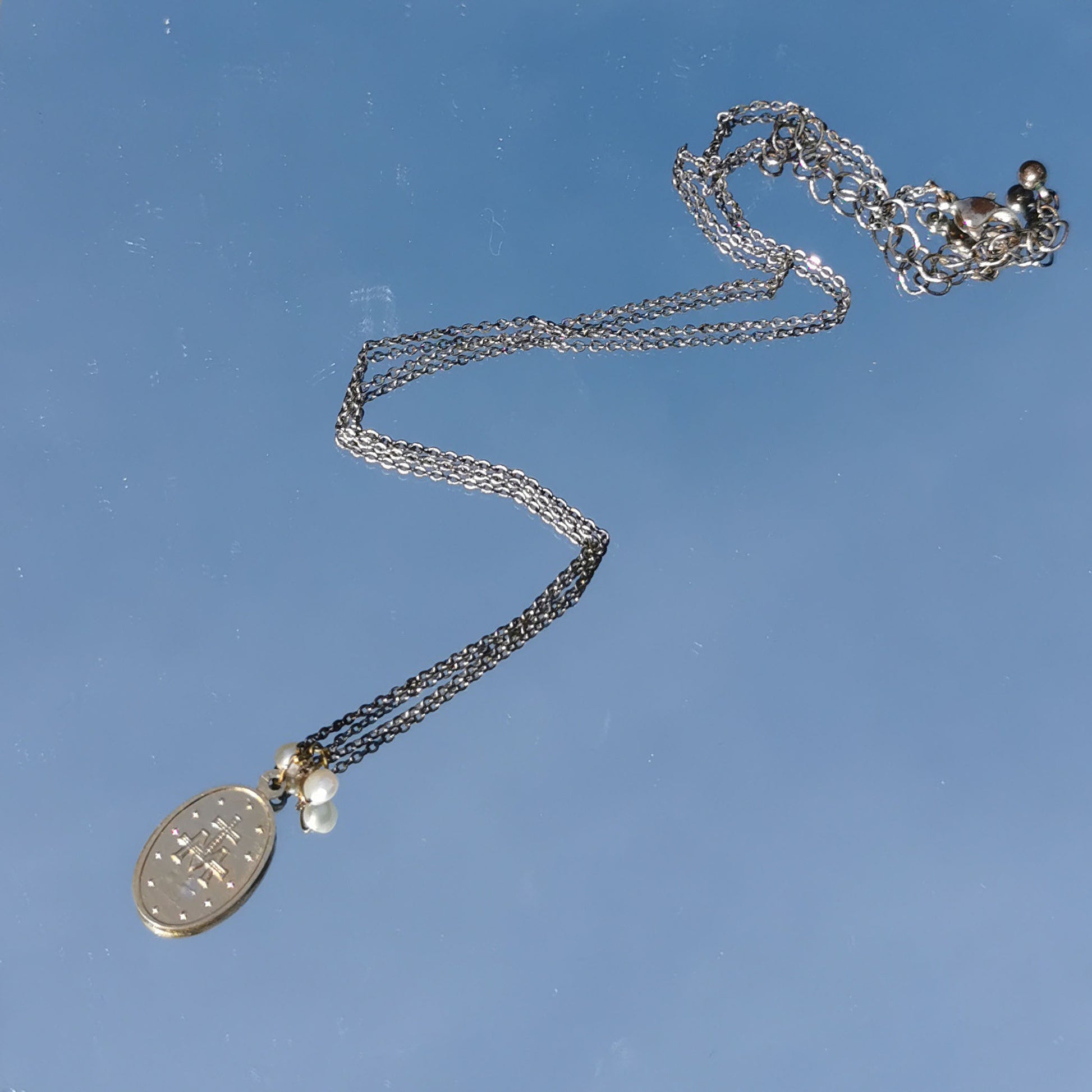 Madonna coin necklace with freshwater pearls