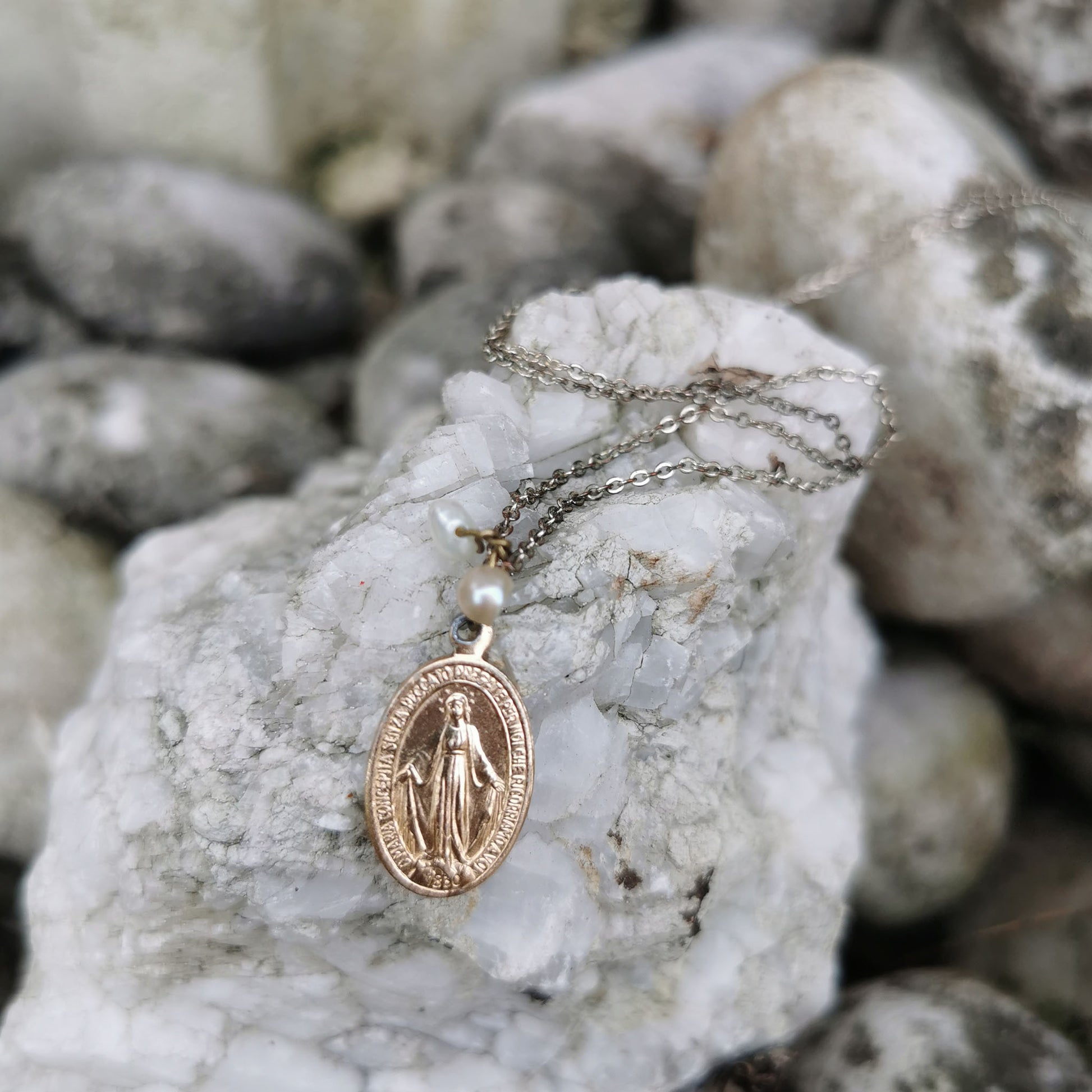 Madonna side coin necklace with freshwater pearls