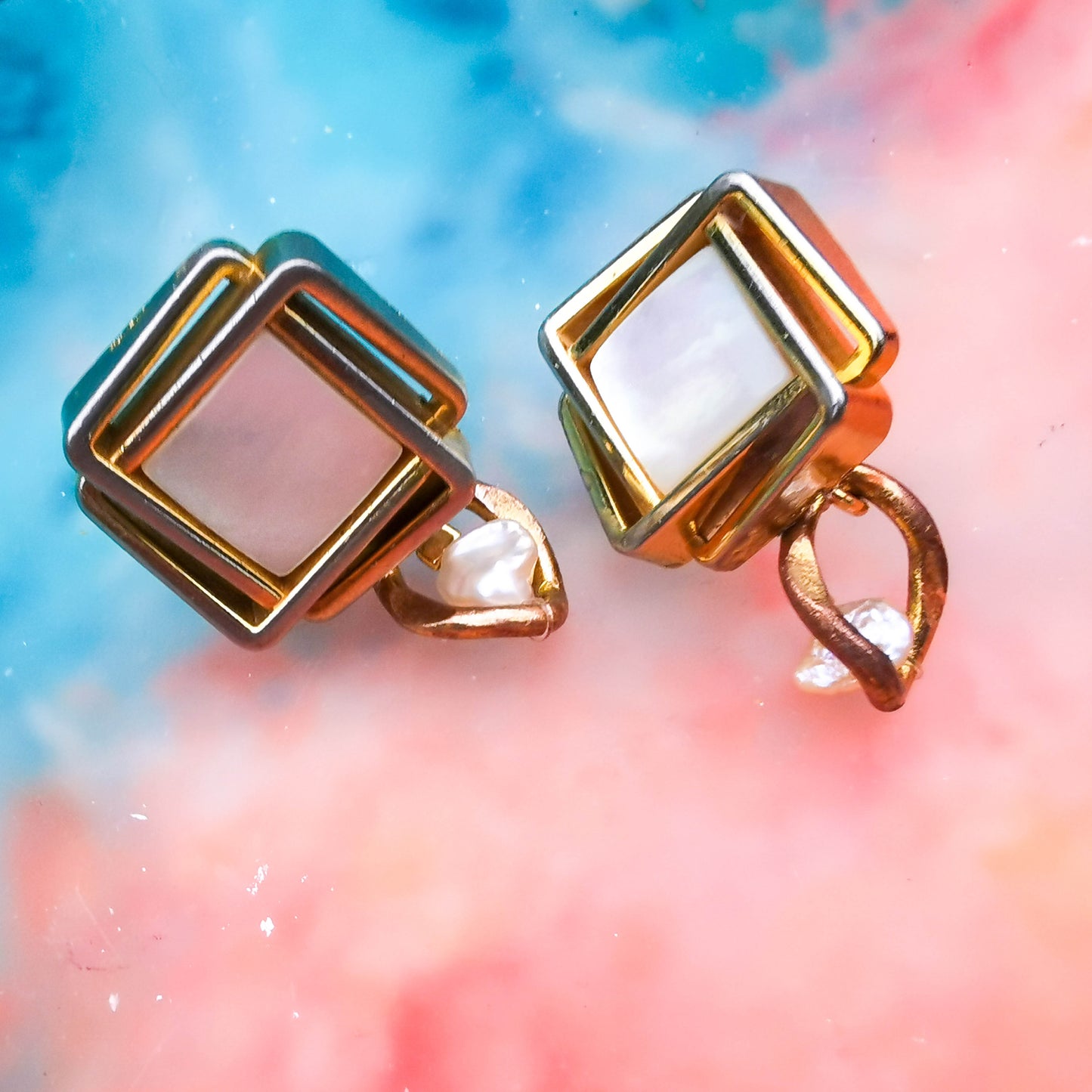 Large stud earrings with mother of pearl and freshwater pearl earrings