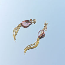 Load image into Gallery viewer, Tassle earrings with orange shell and freshwater bead reflected in sky
