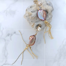Load image into Gallery viewer, Freshwater pearl studs with orange keshi and gold chain tassles
