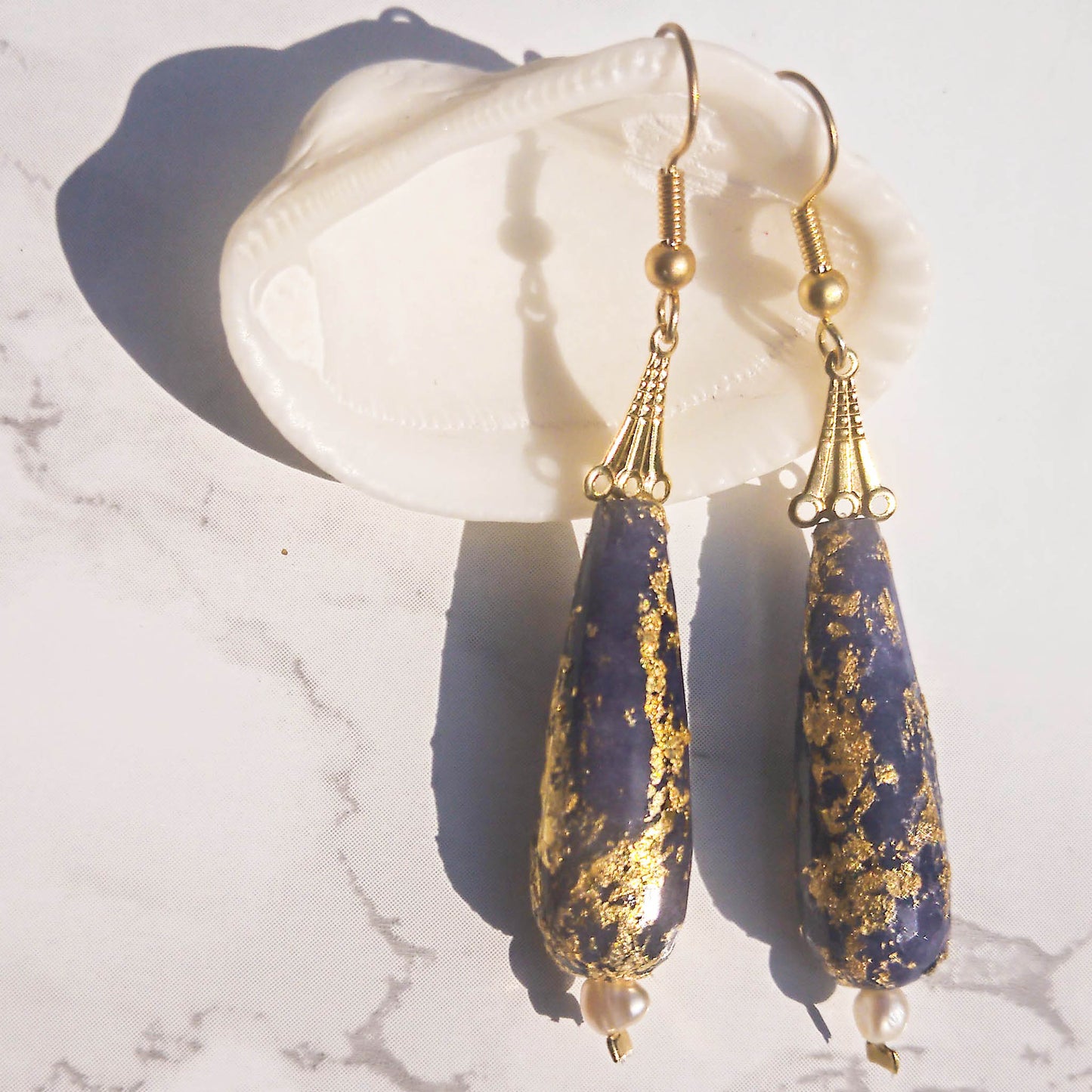 Gold foil freshwater pearl and  dark blue Jade earrings 