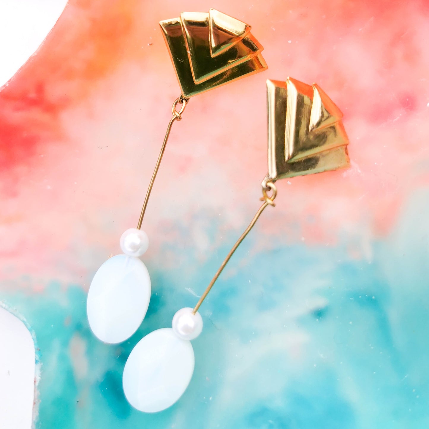 Fan studdded earring with opal and boehem pearl drop on pin