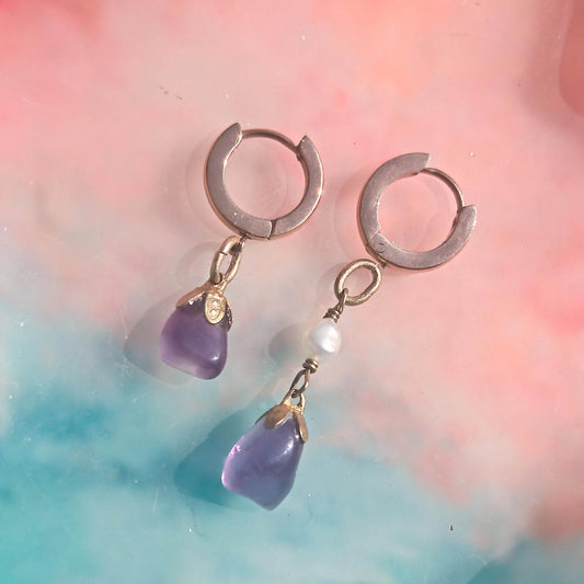 Mixmatch and asymmetric amethyst freshwater pearl earrings