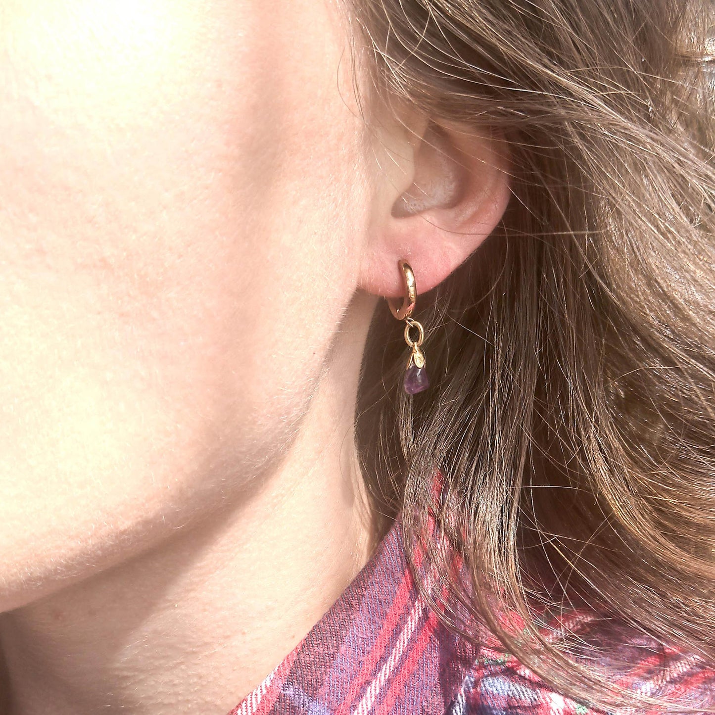 Mixmatch and asymmetric amethyst freshwater pearl earrings as worn on details