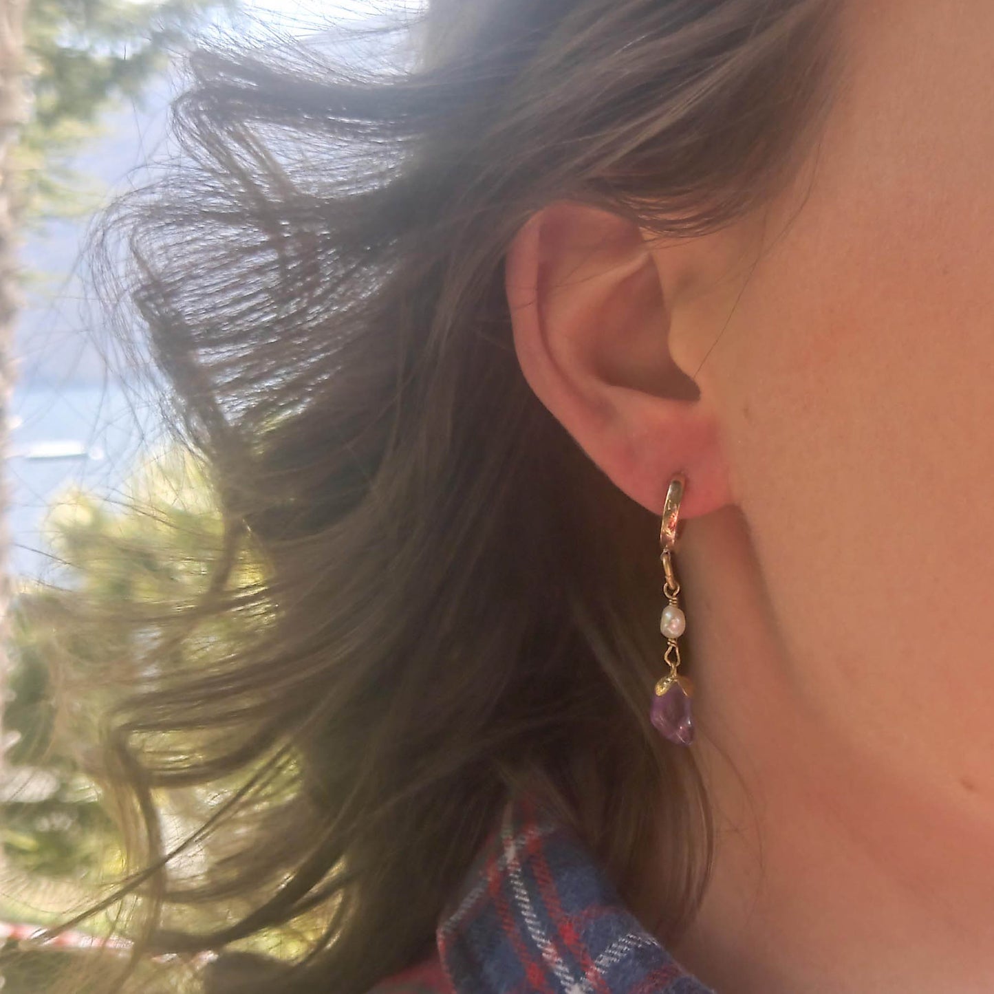 Mixmatch and asymmetric amethyst freshwater pearl earrings as worn on details