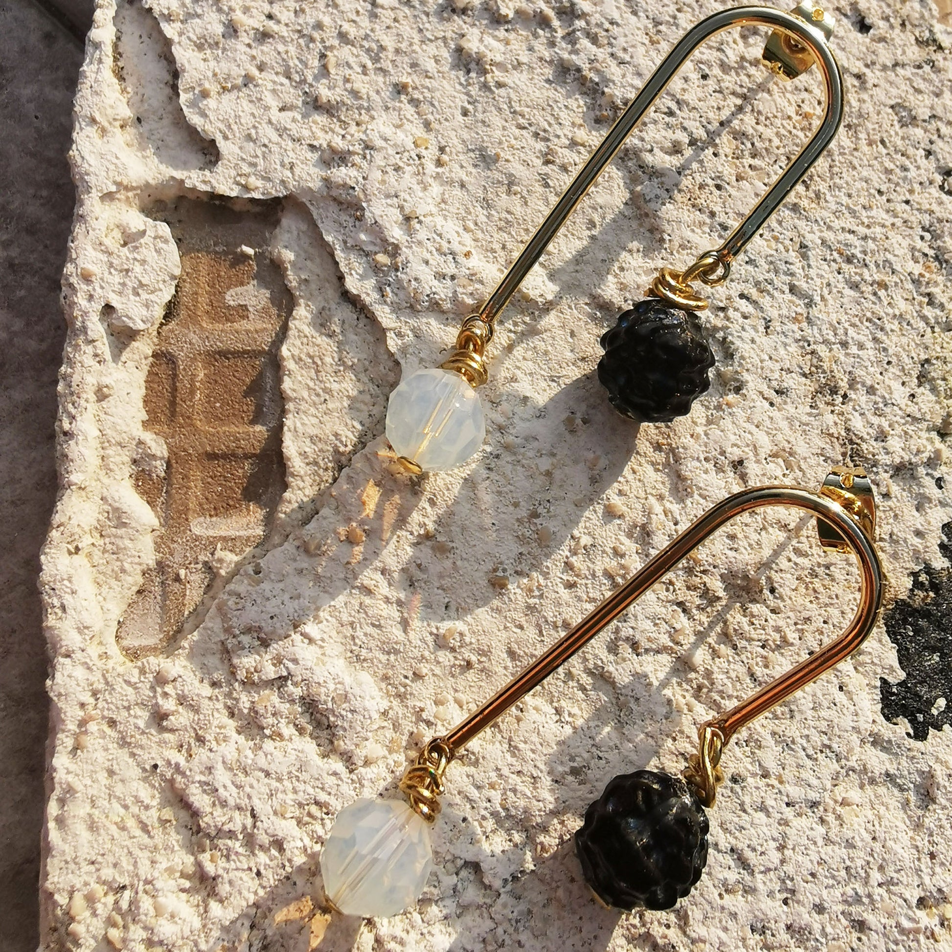 Yin Yang Opal and bead asymmetric earring