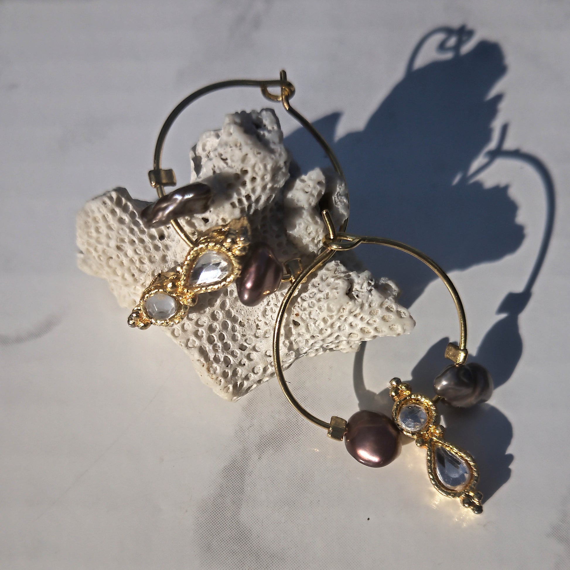 kishi pearls and gold detail, small hoops and coral 