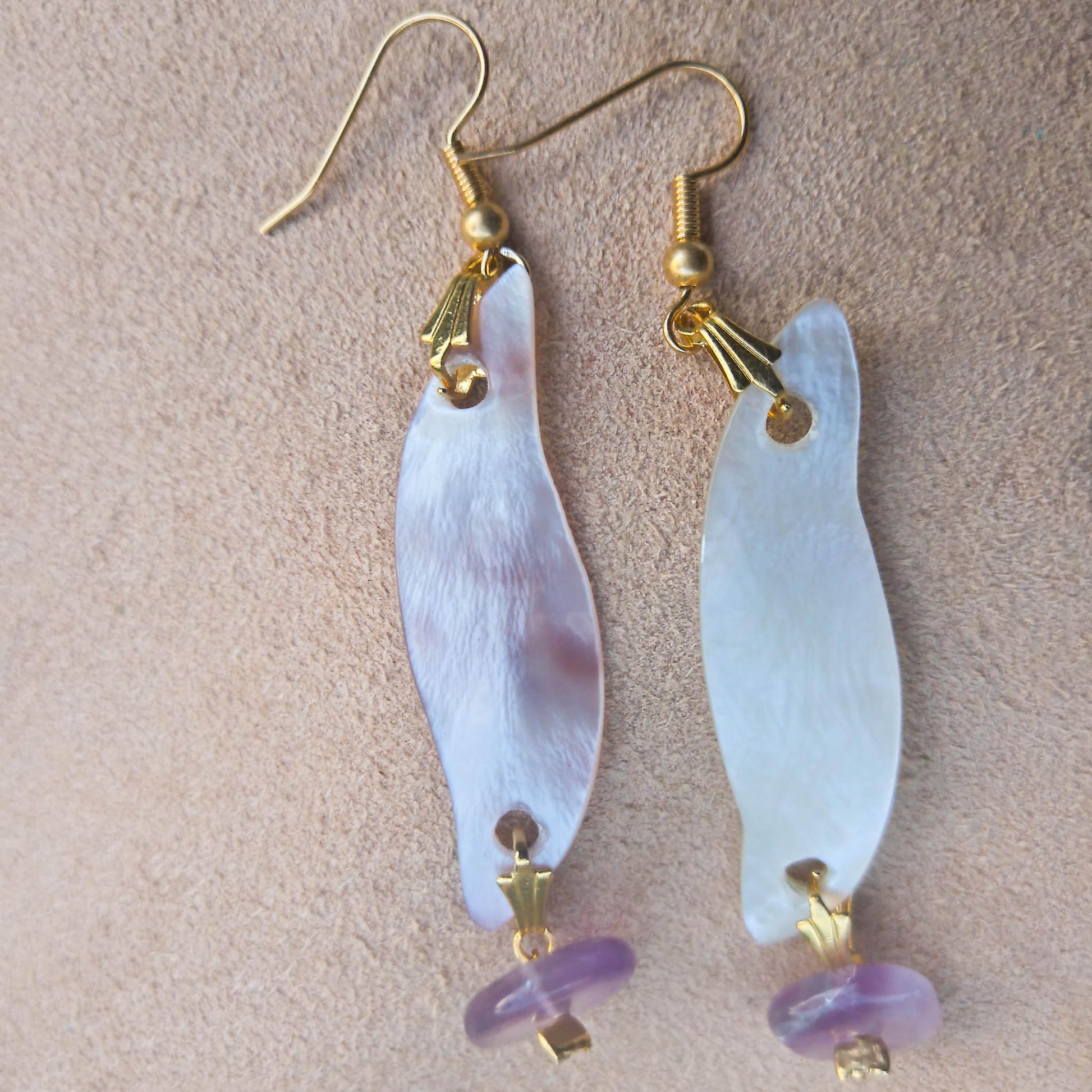 Mother of pearl earrings with purple fluorite details 